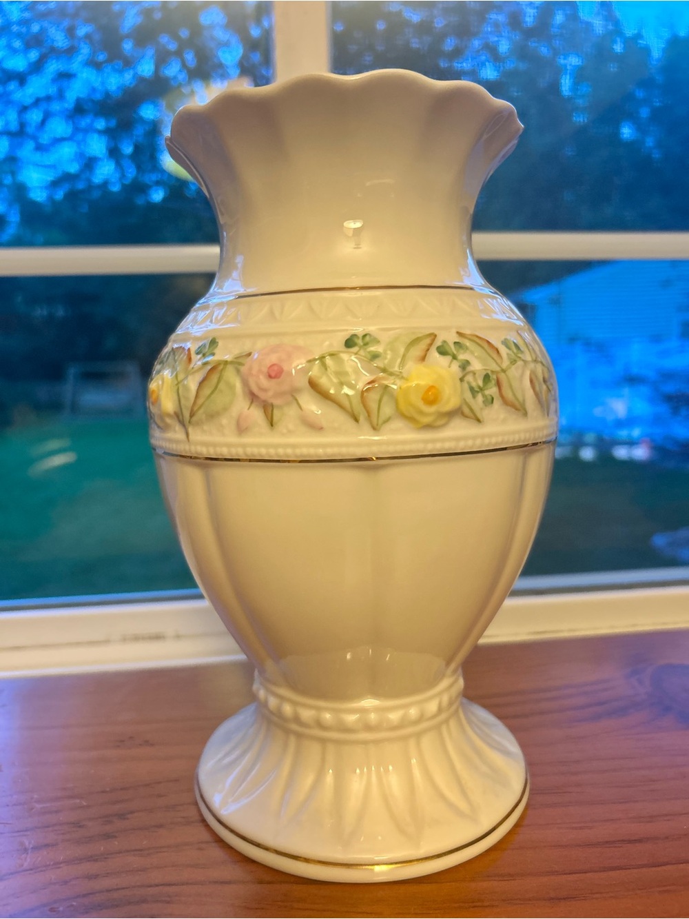 Belleek White Ceramic Vase with Pink and Yellow Floral Band